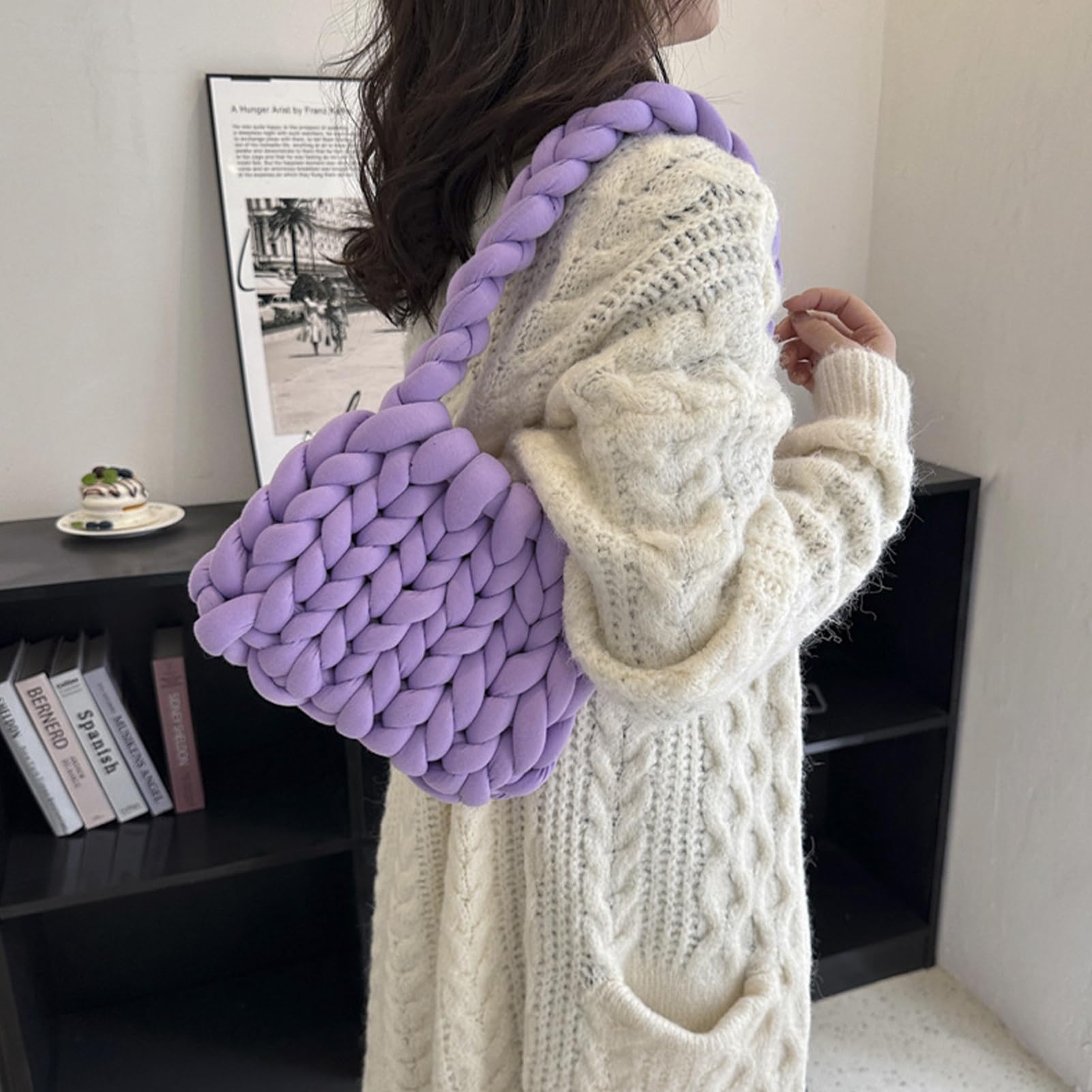 Bulky,Gomitolo di lana Roving, Supre Large per lavorare a maglia a mano, in velluto, 500 g, lunghezza circa 25 m, lana grezza islandese, morbido filato di lana per fai da te, letto e divano (viola)
