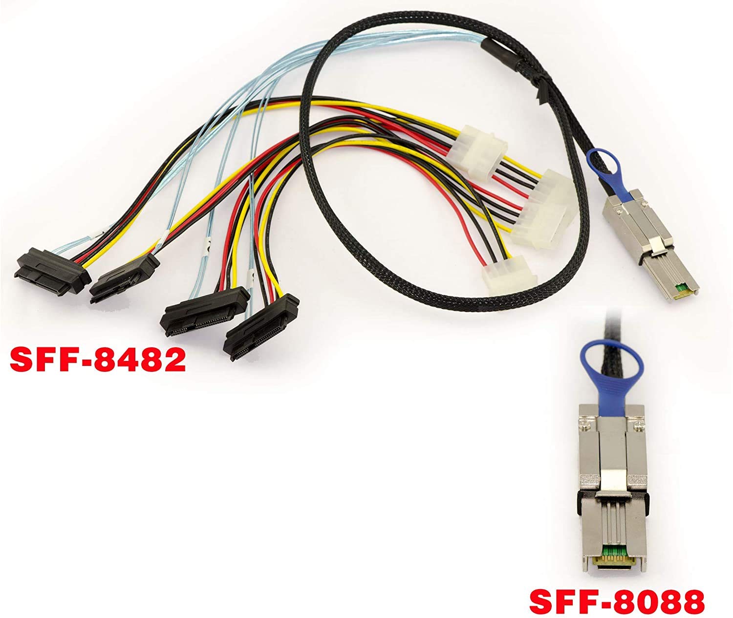 KALEA-INFORMATIQUE Cavo SAS MiniSAS da SFF-8088 a SFF-8482. Lunghezza 1M, Mini-SAS esterno a 26 pin SFF8088, SAS interno a 29 pin SFF8482.