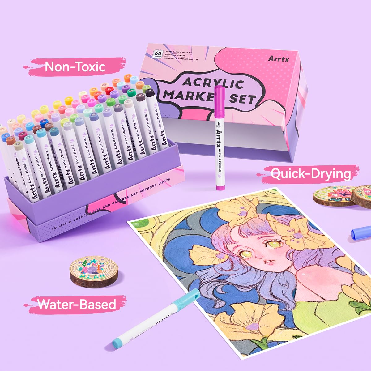 Arrtx Końcówka pędzlowa + szkicownik w formacie A5 (60 arkuszy/120 stron, 180 g/m²), 60 kolorowych pisaków akrylowych, trwały bezkwasowy papier do rysowania
