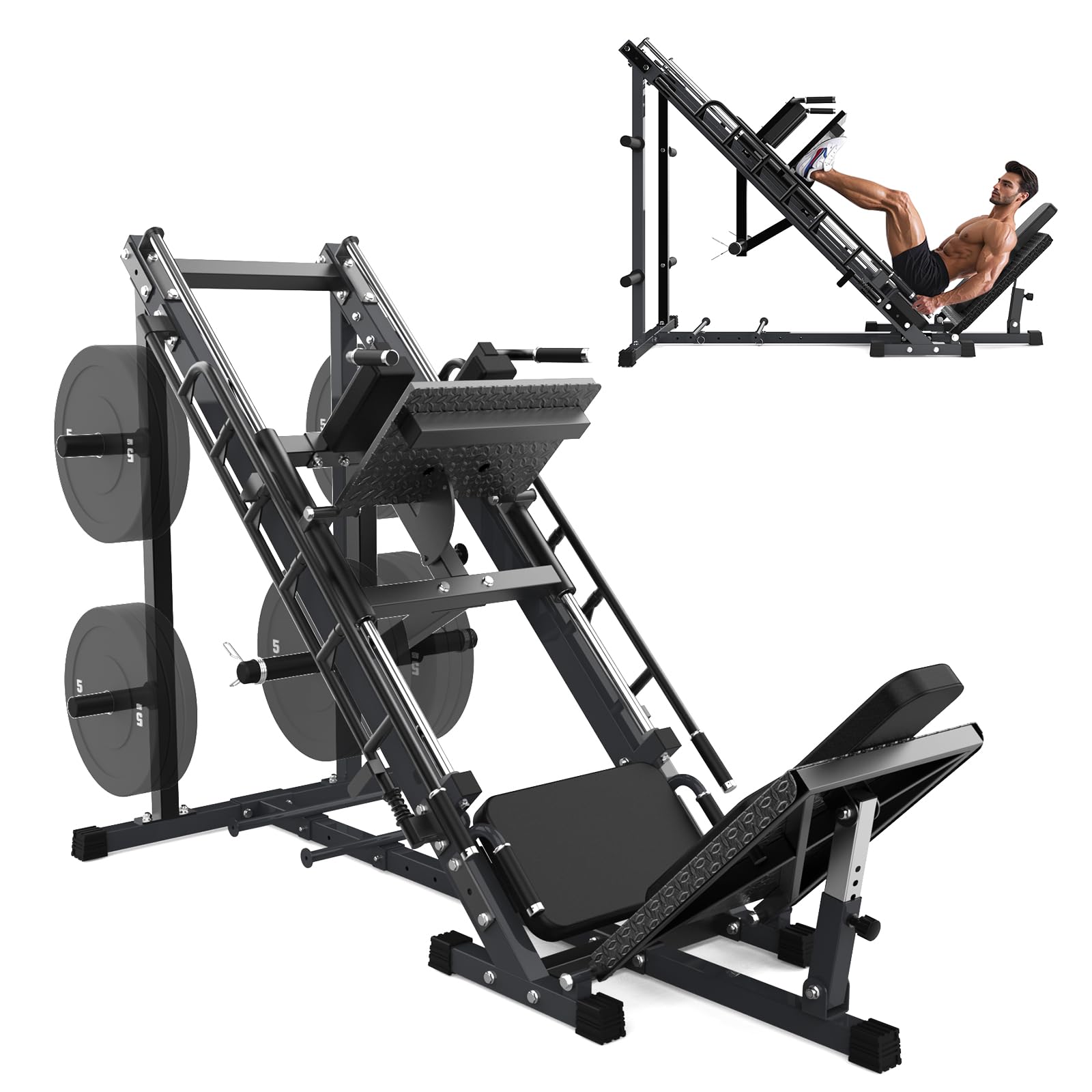 Leg Press & Hack Squat Combo Machine?Commercial-Grade Adjustable Home Gym Equipment w/Linear Bearing System & Weight Plate Storage?Steel Frame Lower Body Trainer for Glutes & Quads, HIIT, Powerlifting