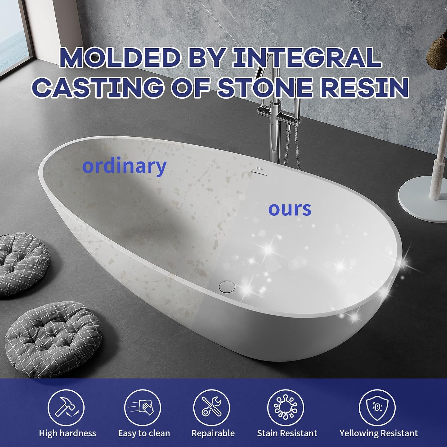 Homevacious 59 inch Stone Resin Bathtub Solid Surface Freestanding Tub with Overflow and Pop-up Drain White Oval Shape Soaking Bathtub