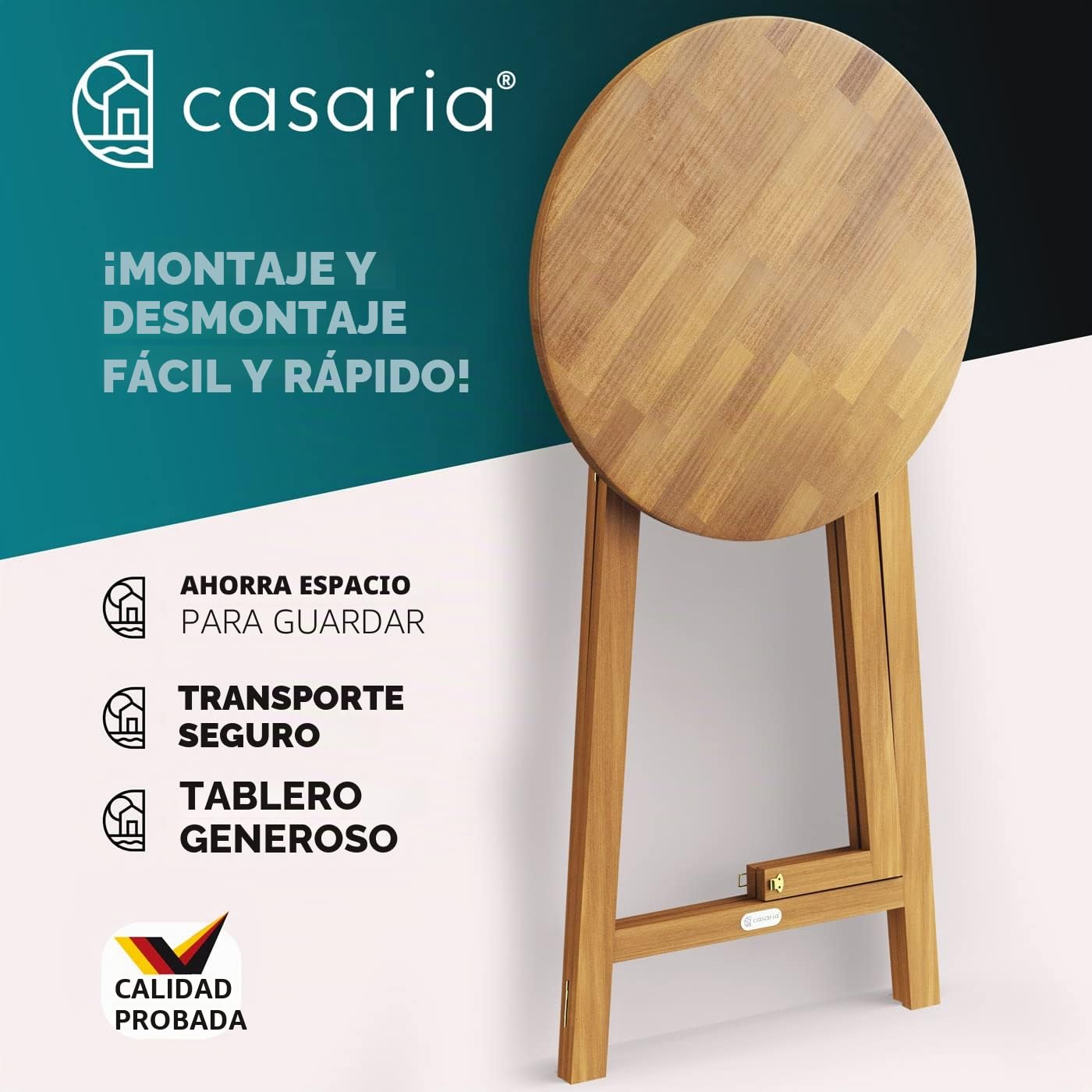 CASARIA® Mesa Alta Plegable de Madera Maciza para Exterior Jardín Eventos Ø80cm Tablero Redondo Color Natural