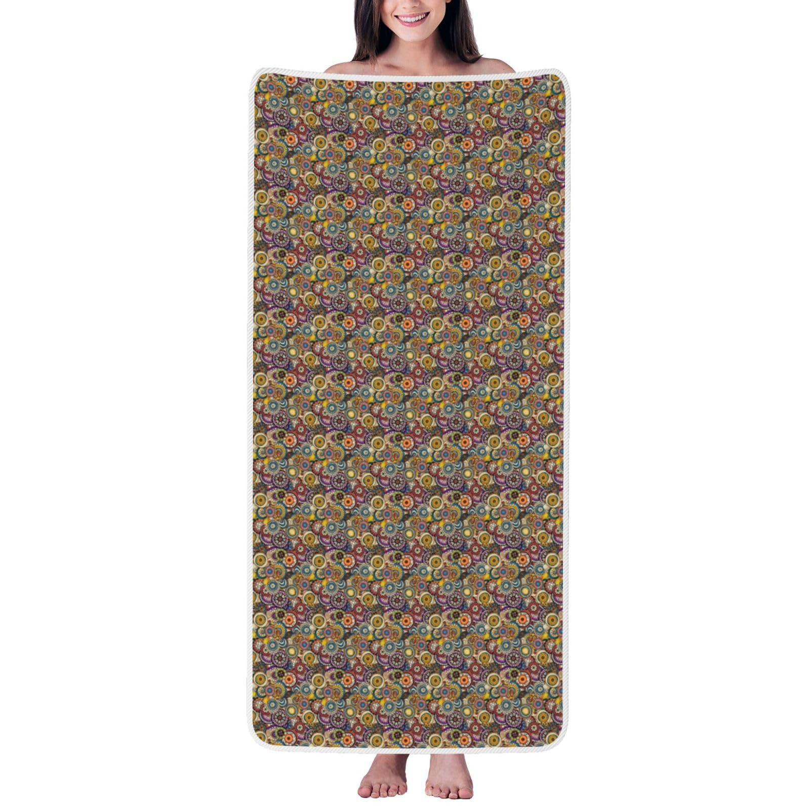 Ztpowqa Women's White Ethnic Circles Floral Pattern Print Coral Velvet Bath Towel For Home Gym Lounging Bathroom Spa Hotel Beach Travel