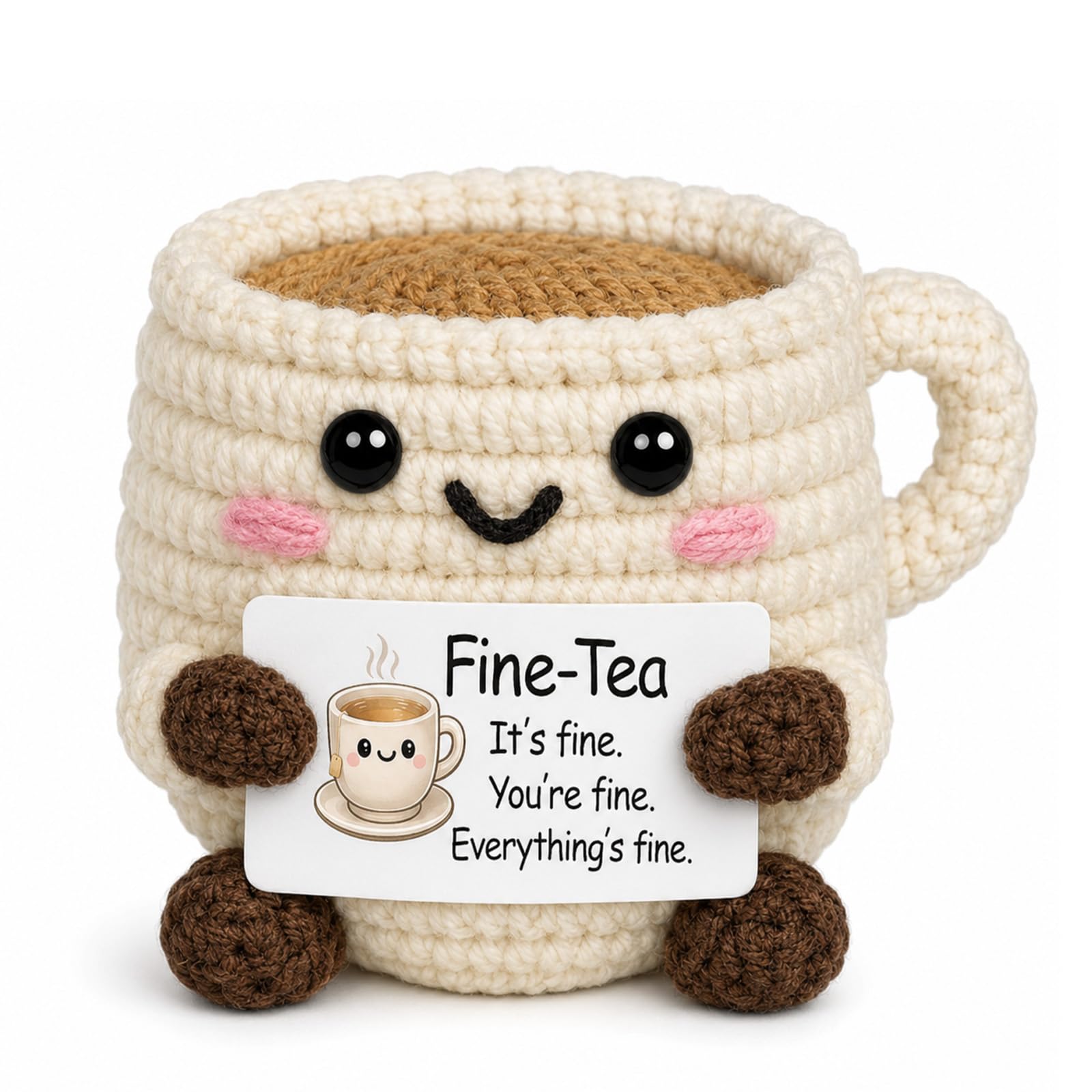 Folcora Positive Crochet Tea Cup Doll, Cute Emotional Support Crochet With Everything Is Fine, Emotional Support Gift For Women Men Him Her Girlfriend Friend Kids