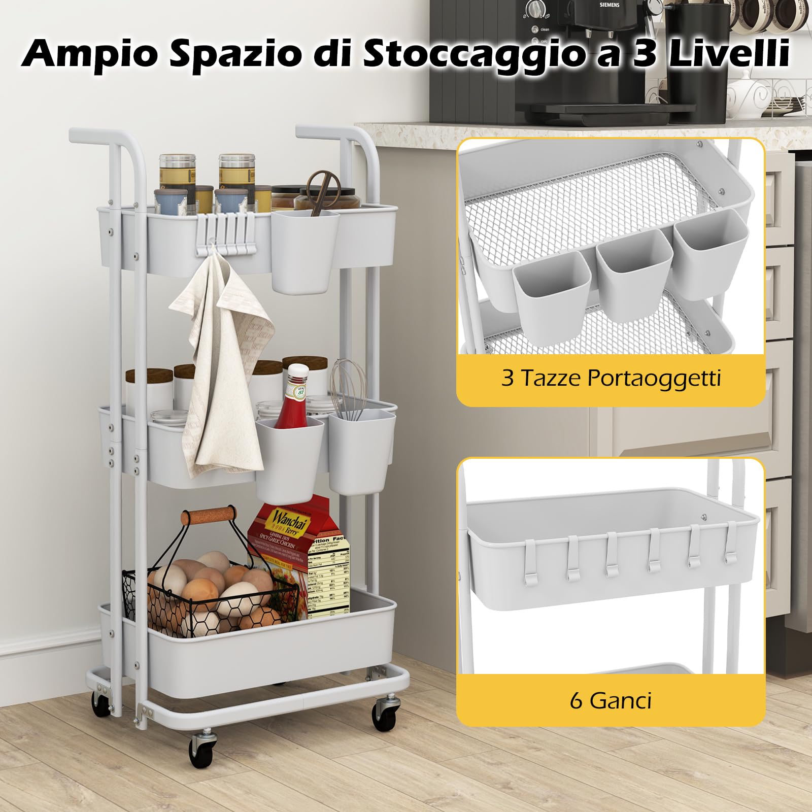 RELAX4LIFE Carrello di Stoccaggio Pieghevole a 3 Livelli, Carrello da Cucina con 3 Portabicchieri Appesi, 6 Ganci, Ruote Bloccabili, Carrello da Servizio per Cucina, Soggiorno, Sala da Pranzo