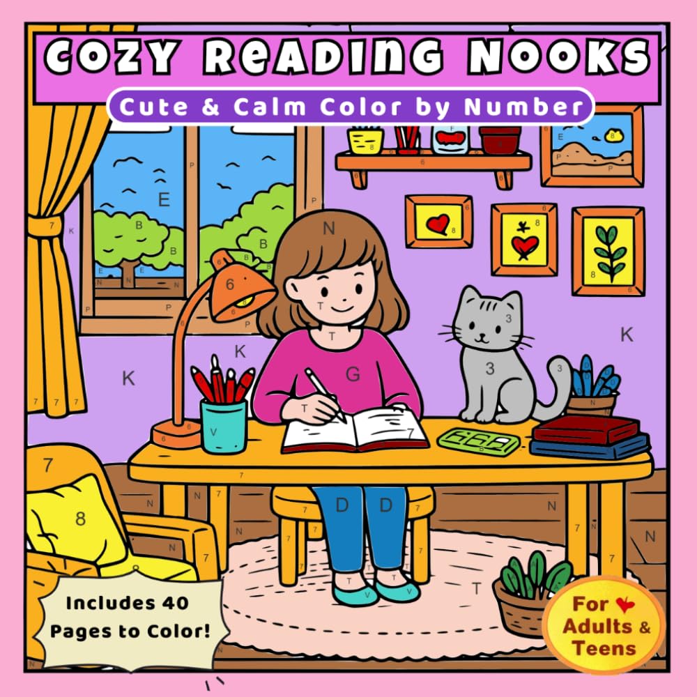Cozy Reading Nooks Color by Number: Cute & Calm Whimsical Workspaces for Relaxation, Stress Relief & Mindful Coloring for Adults and Teens (Funny & Relaxing Coloring Book)