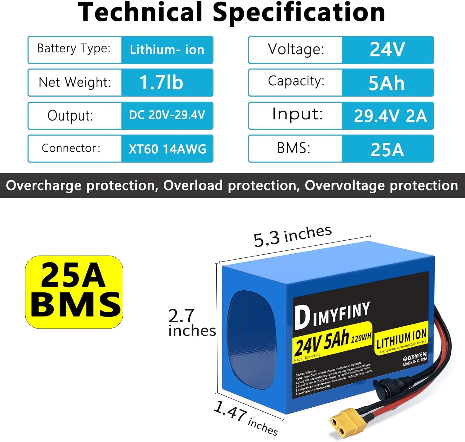 24V 5AH Lithium Battery Pack, Built-in 25A BMS, with Fast Charger, XT60 Cable Connector, Compact and Lightweight, for DIY Projects (24V5Ah) - Image 3