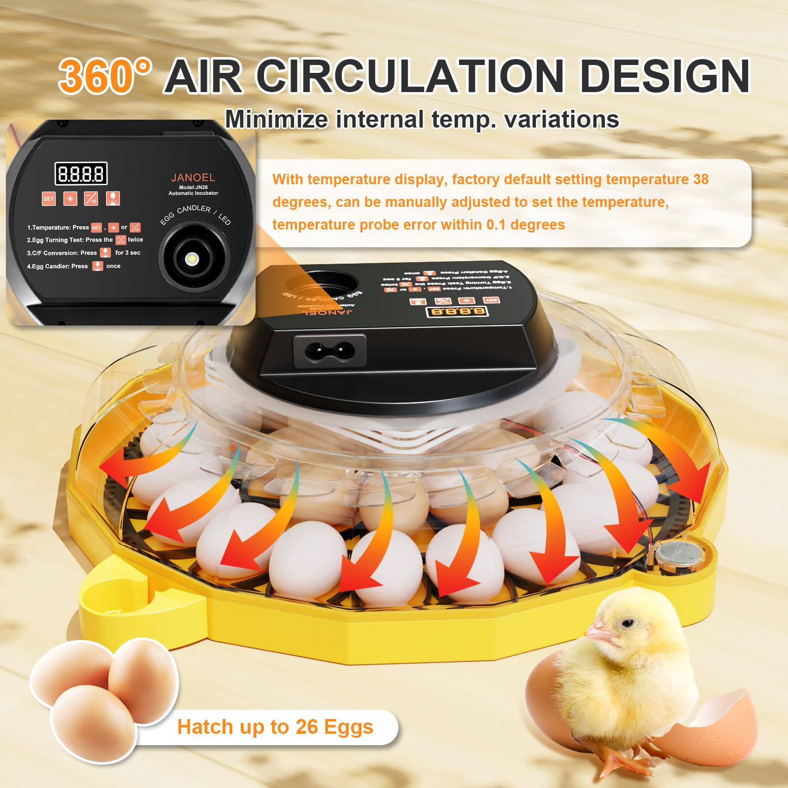 Incubadora automática de huevos de 26 huevos, control automático de humedad y volteo, temperatura ajustable Pantalla LED para huevos de aves de corral, codorniz y paloma (plato de huevos + plato de