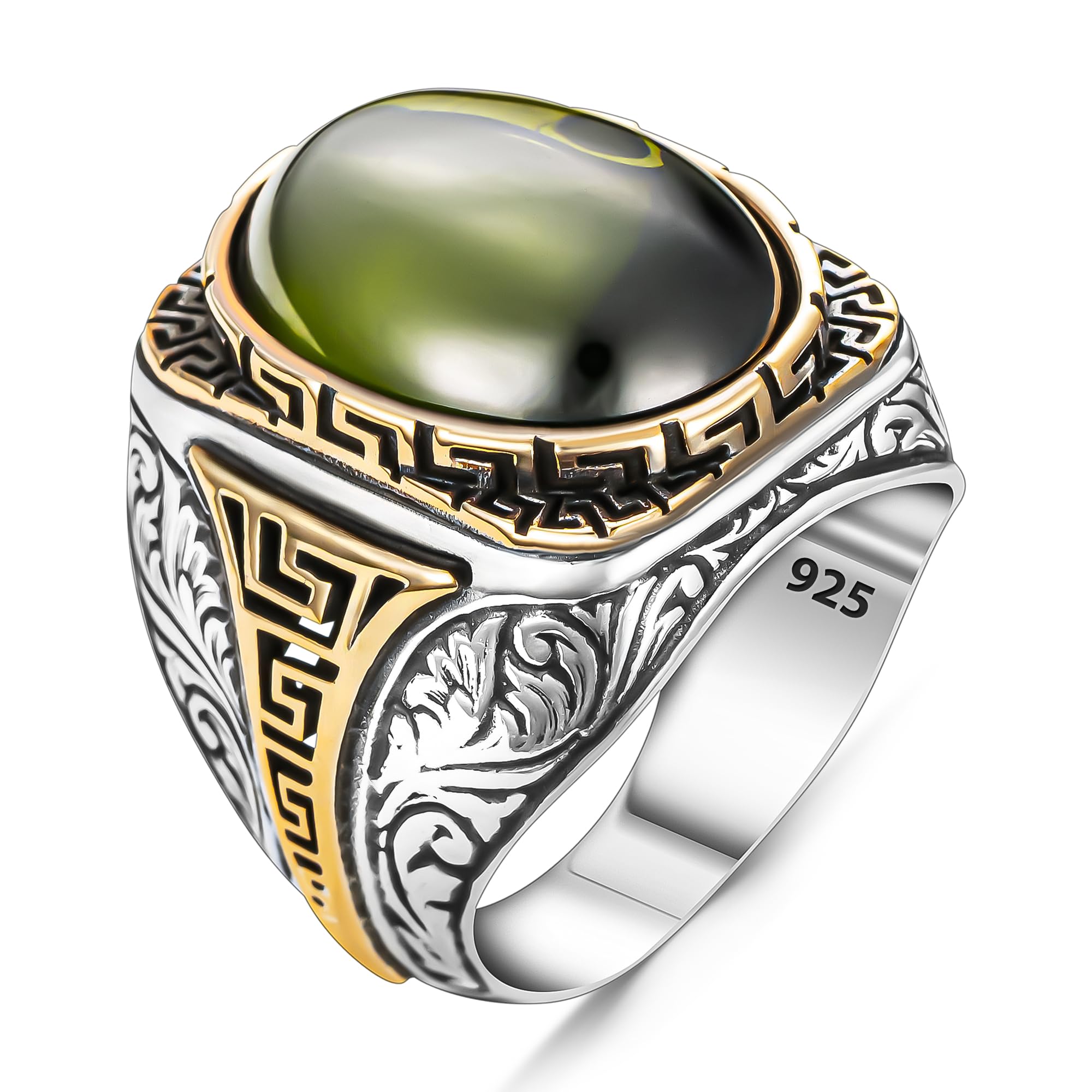 TAKILINGO925 Sterling Silver Green Peridot Olivine Stone Men's Ring, Handmade Silver Ring for Men, Hand Engraved Silver Gemstone Birthstone Ring