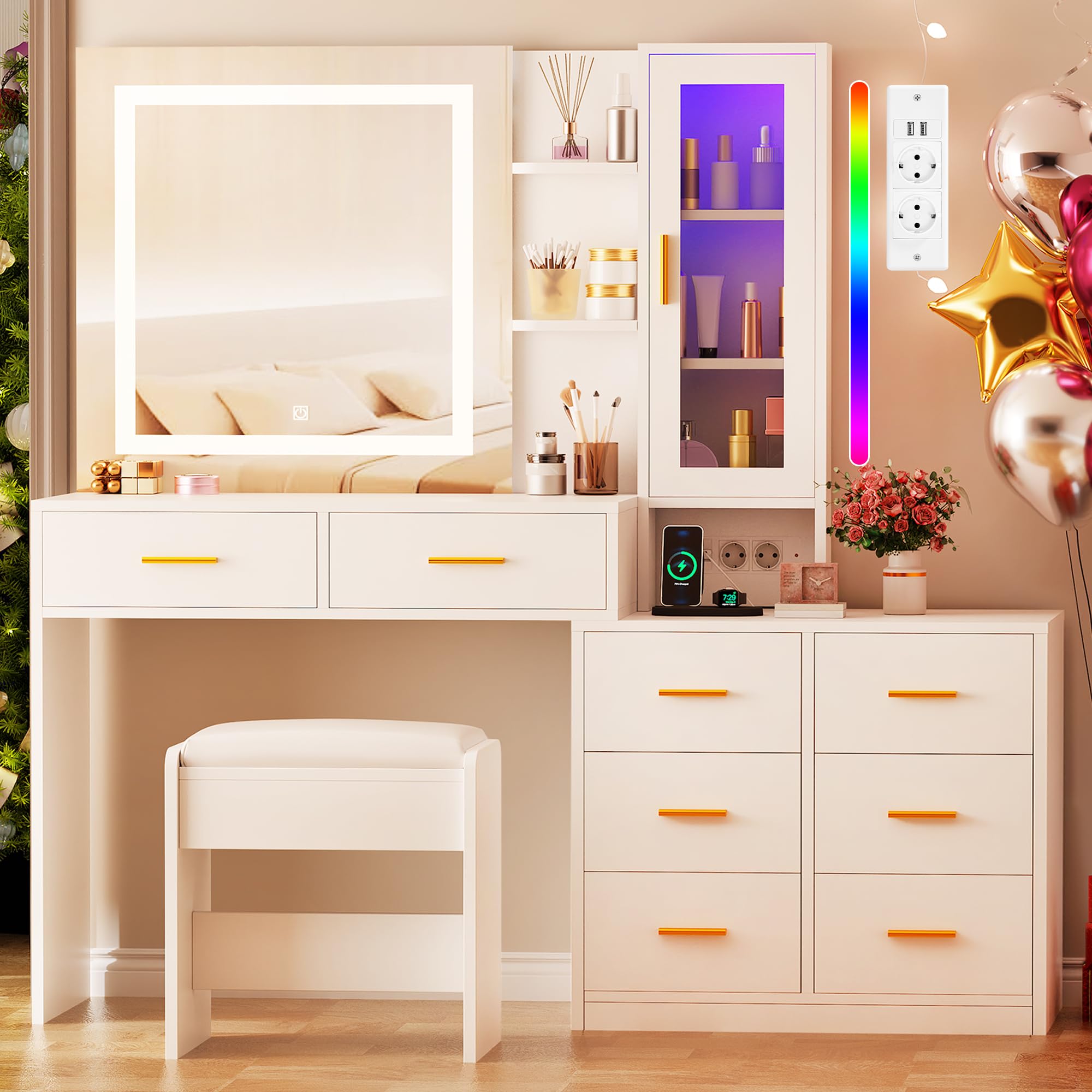 ANWBROAD Grande Coiffeuse avec Miroir et Tabouret 3 Couleurs Éclairage LED réglables et Prises 8 Tiroirs 3 Étagères Rangement Ouvertes RGB Coiffeuse Moderne Blanc 140x131x40cm BDT77W
