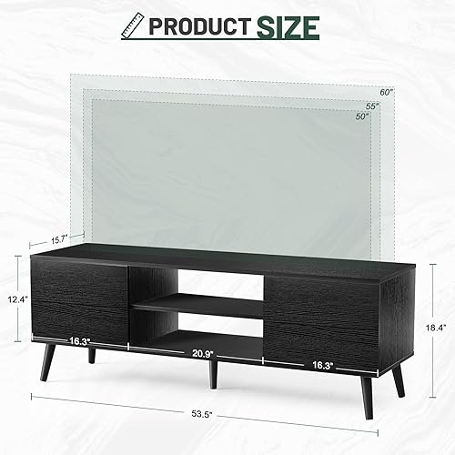 Miniatura 4 de Soporte de TV para TV de 55 y 60 pulgadas, soporte de televisión de madera negra, 2 gabinetes, centro de entretenimiento moderno con almacenamiento