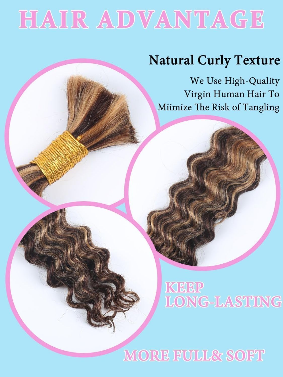 Sexycat Deep Curly Human Braiding Hair for Boho Braids 2 Bundles 22 Inch 100g,#4/30 Ombre Brown Water Wave Bulk Human Hair for Micro Braiding Wet and Wavy Human Hair Extensions - Image 4