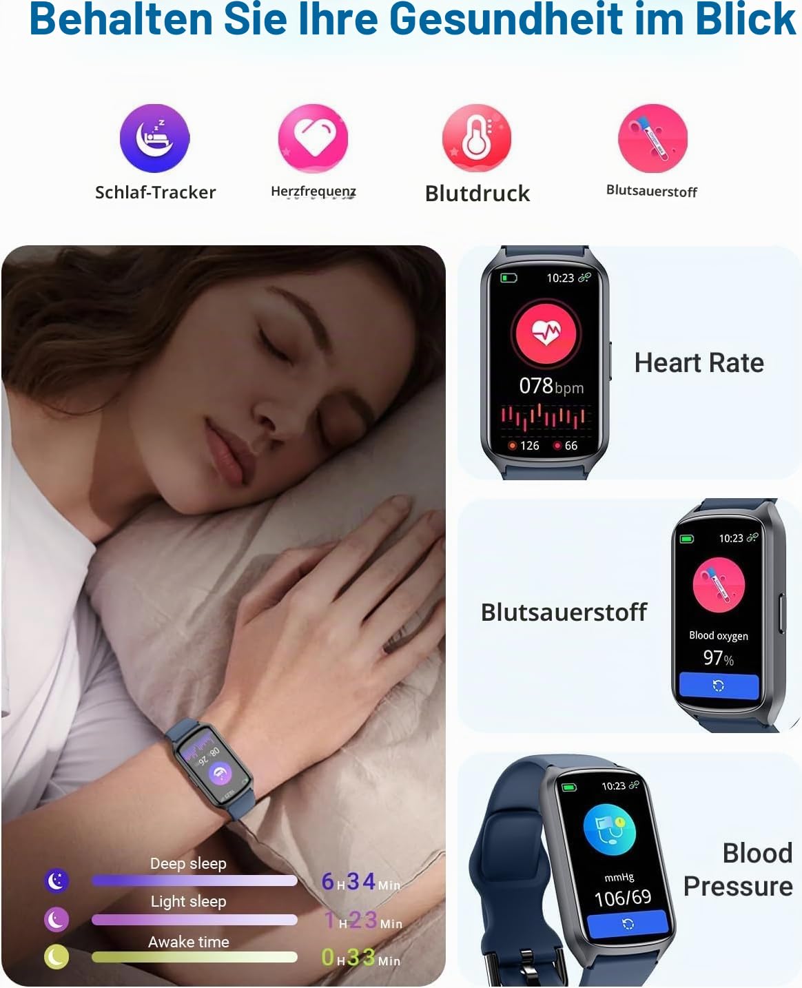 Fitness Tracker Fitnessuhr Damen Herren, bis zu 7 Tage Akkulaufzeit, 20+ Trainningsmodi, SpO2 Tracking, Schlafüberwachung, Herzfrequenzmessung, Schrittzähler, 5ATM Wasserdicht Aktivitätstracker