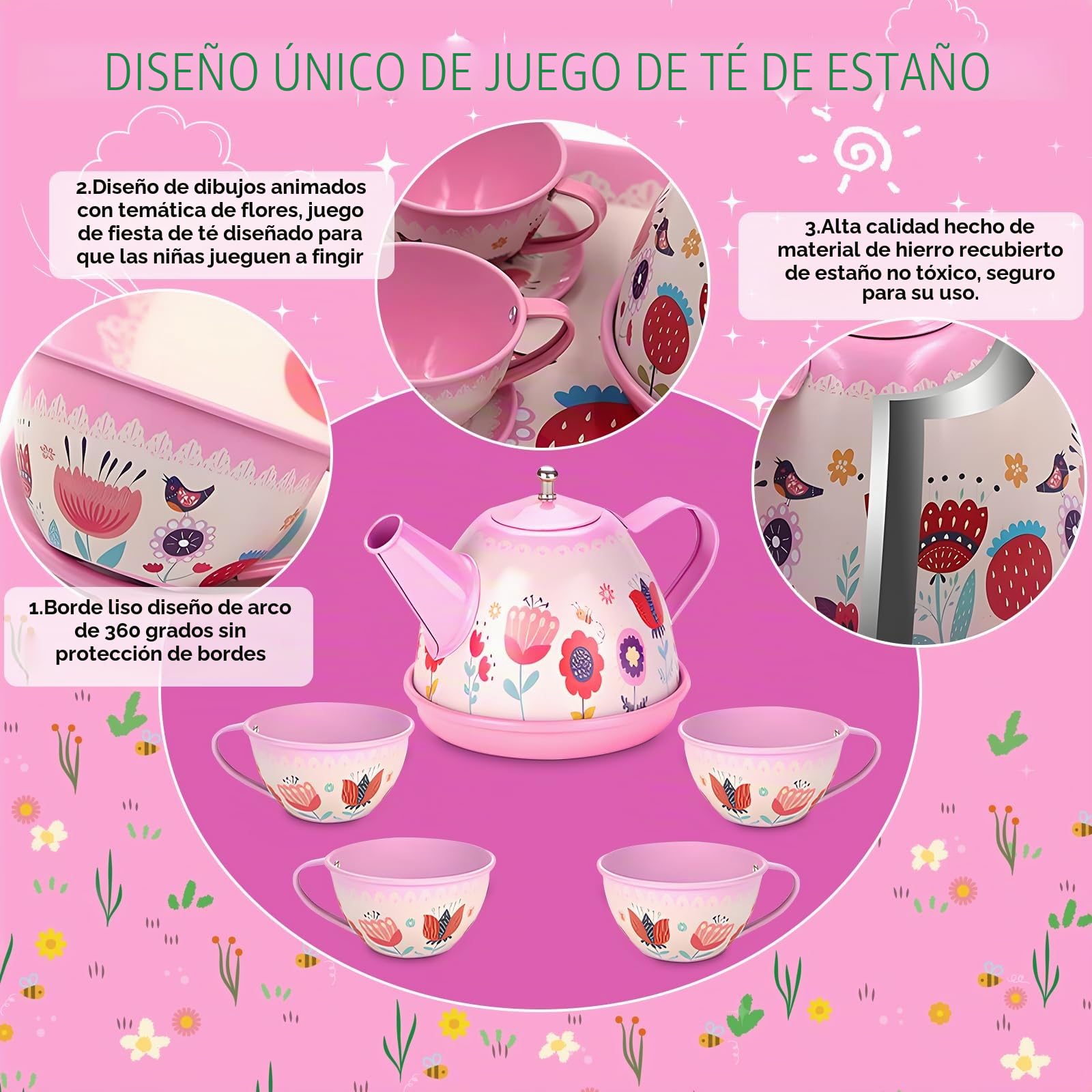 Juego de Té para Niños con Estuche, 46 Piezas Servicio de té Juguete de Metal, Cocina Juguete Vajilla Juguete y Comiditas, Juego de te Infantil para Niña 3 4 5 6 7 Años, Regalo Niña 3-8 Años