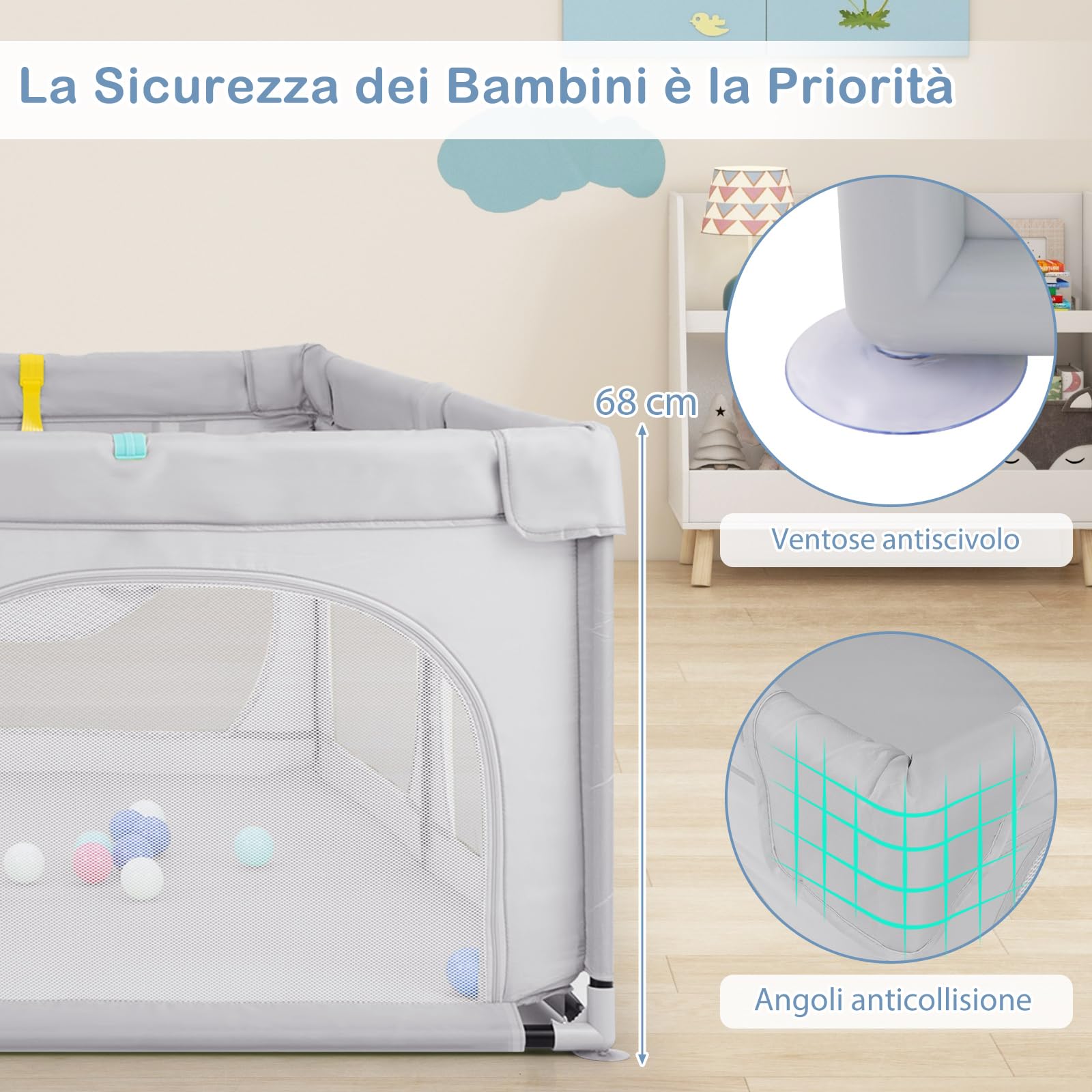 RELAX4LIFE Recinto Bambini con Base a Ventosa,Box Giochi, 4 Anelli e 50 Palline, 2 Entrate Laterali, Tasca Portaoggetti e Borsa Trasporto, Rete Traspirante (Grigio Chiaro, 189 x 158 cm)