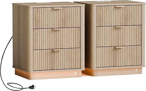 Miniatura 20 de Mesita de noche acanalada, mesa auxiliar curvada con estación de carga y iluminación, mesa de madera con 2 cajones, gabinete de almacenamiento