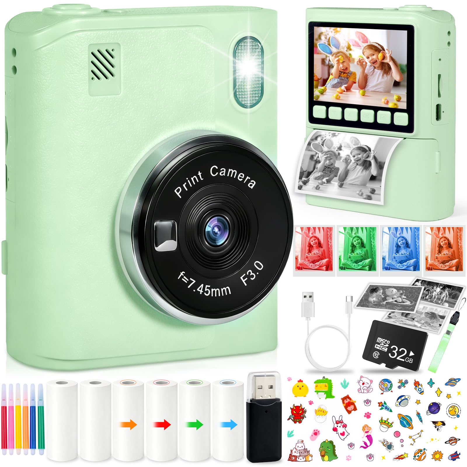 Camara Fotos Infantil Instantanea,1080P Camara Fotos Infantil,2,4 Pulgada con Tarjeta de 32GB y Papel Fotografia,Juguete Cámara Instantánea Regalos para Niños y Niñas de 3-12 Años