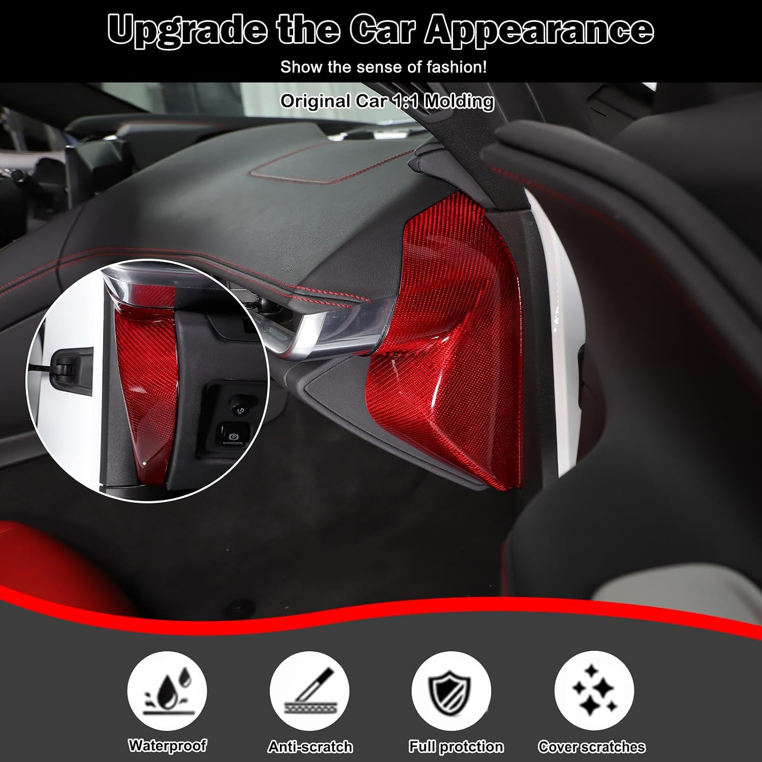 for Corvette C8 Genuine Carbon Fiber Inner Interior Door Pillar Panel Trim Accessories Compatible with Corvette C8 2020-2025 Dashboard Side Door Body Bump Panel Anti Crash Trim (Red, A)