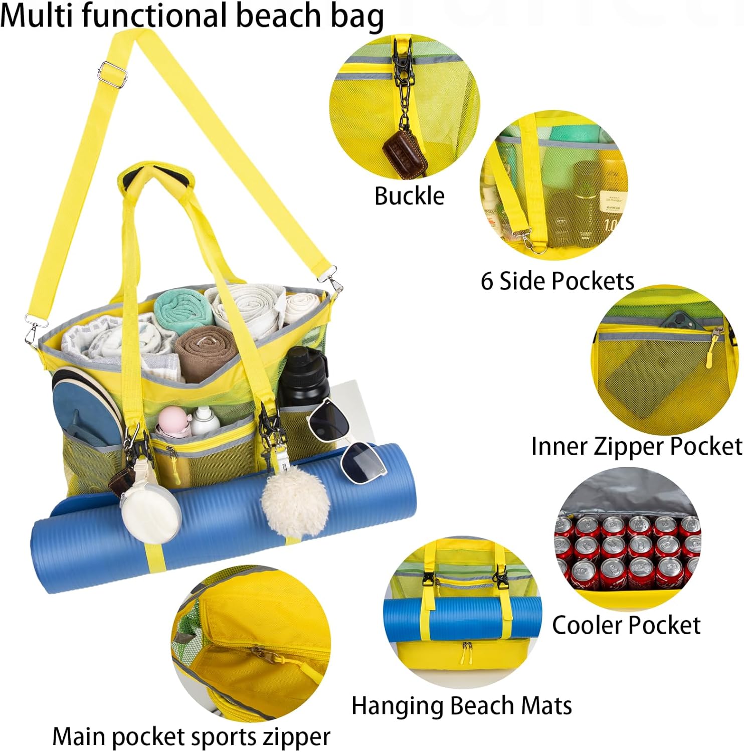 Mesh Beach Bag with Cooler Large Travel Family Vacation Essentials Pool Swimming Zipper Pocket Durable 9 Pockets - Image 6