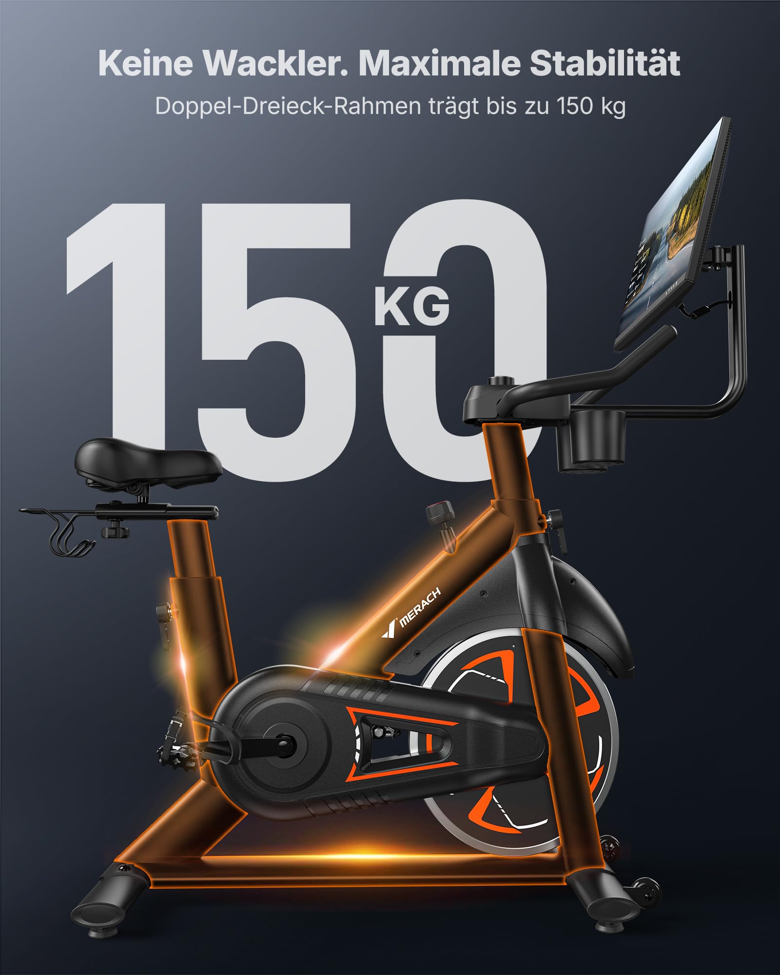 MERACH Heimtrainer Fahrrad mit 21,5" Drehbarem FHD-Bildschirm, Leises Hometrainer Fahrrad mit Automatischer Widerstand, Verstärkter H-Rahmen, Stoßdämpfender Luftkissensattel, Eigene App, Bis 150KG