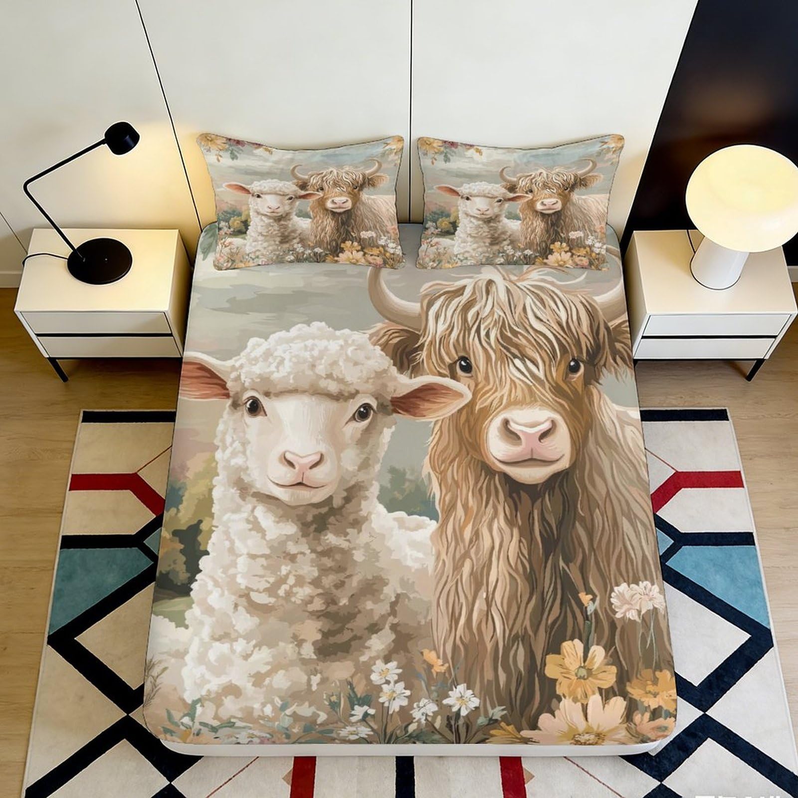 Pnayamiorkfel Style-5 3D Printed Highland Cow Sheep Fitted Sheet Microfiber Soft Non-Slip Bed Cover For Bedroom Dorm Decor 90X200x25cm