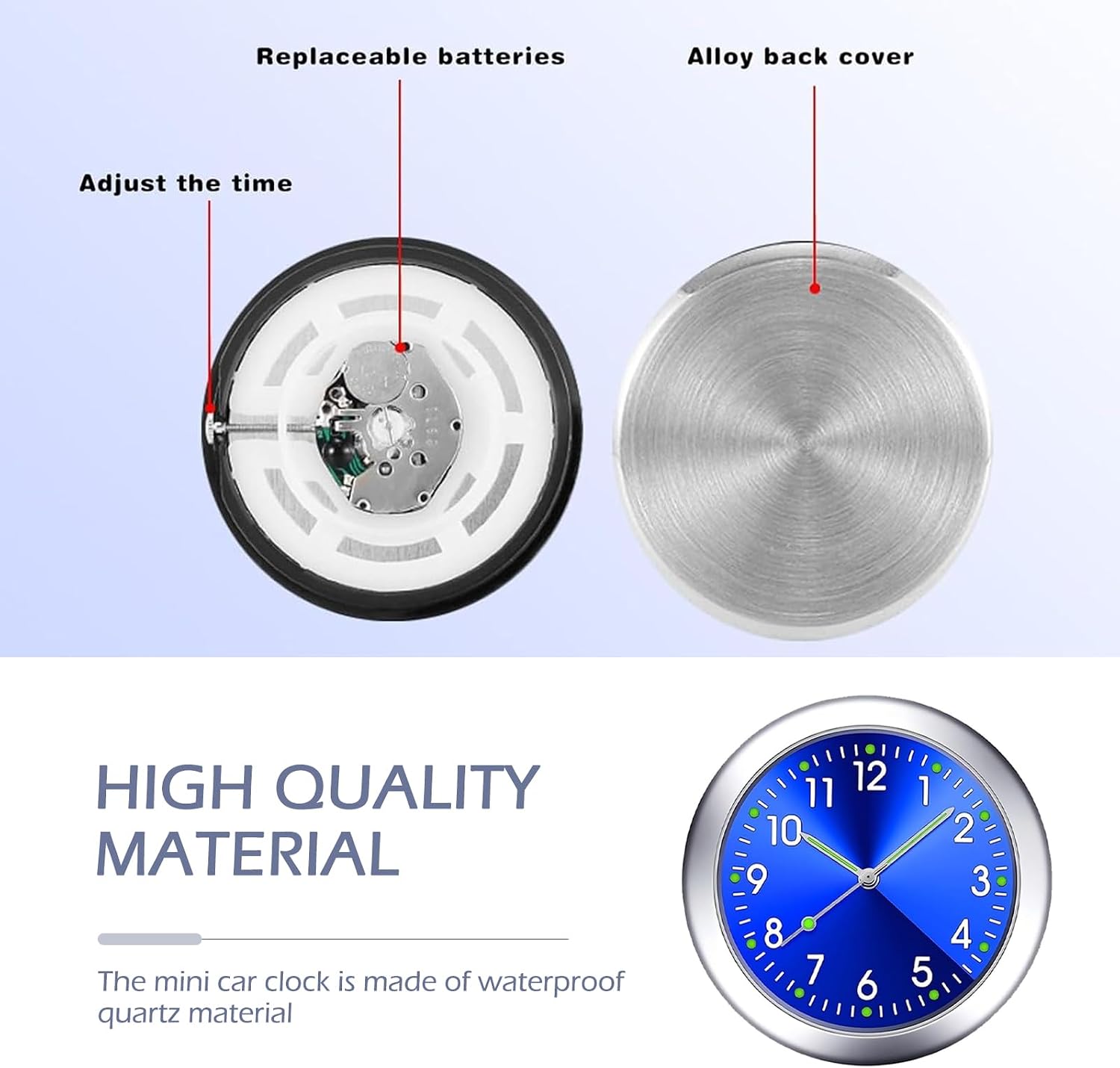 2 PCS Mini Car Dashboard Clock, Round Quartz Vehicle Air Vent Clock, Self Adhesive Luminous Automotive Watch, Universal for Car SUV Truck Home (Blue & Black) image 5