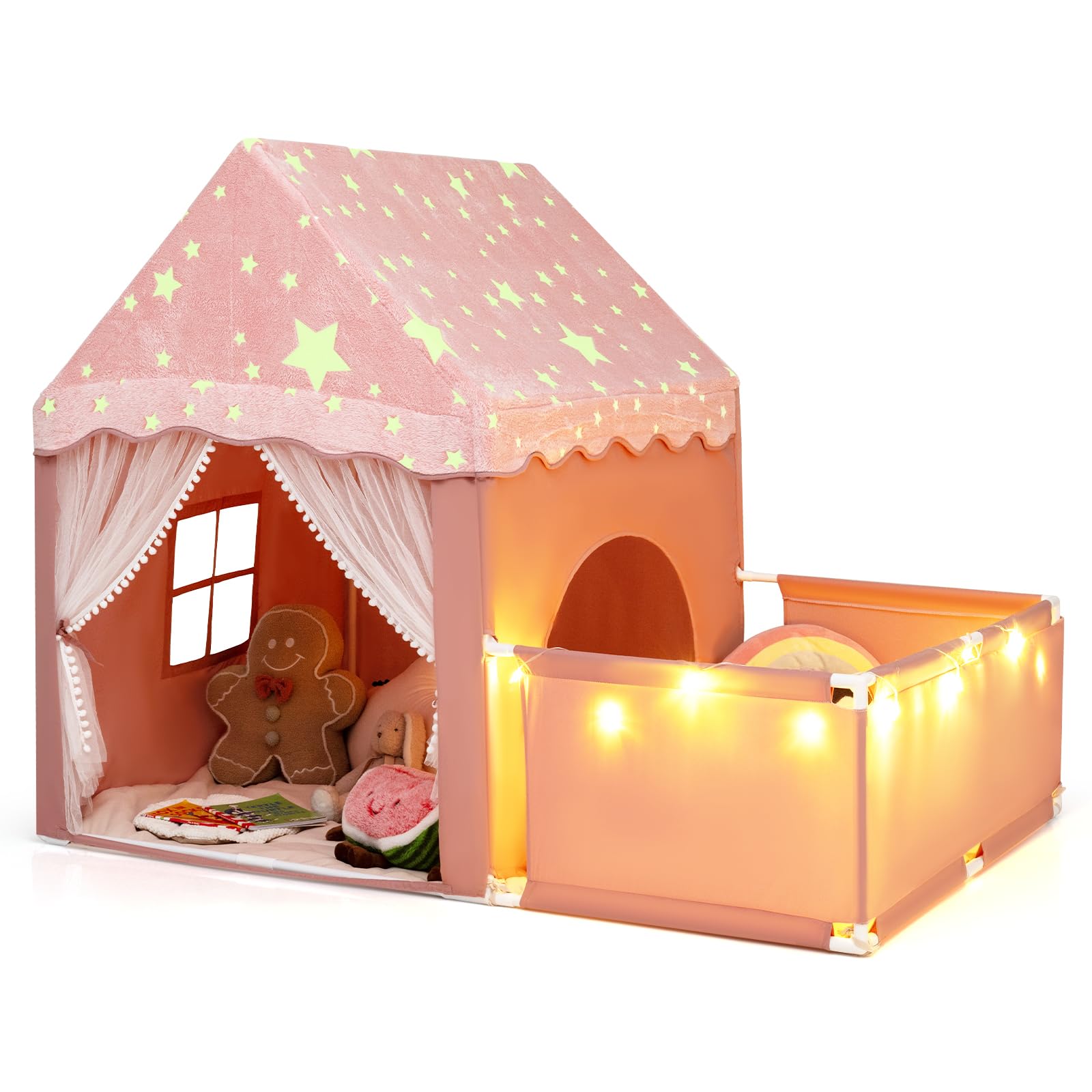 COSTWAY Kids Play Tent with Playpen, Padded Mat, Star Lights (Pink)