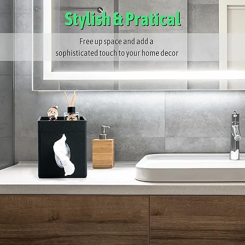 Miniatura 3 de Funda para caja de pañuelos, soporte cuadrado de piel sintética con bandeja de almacenamiento superior para bañoencimeramesita de nochemesa de
