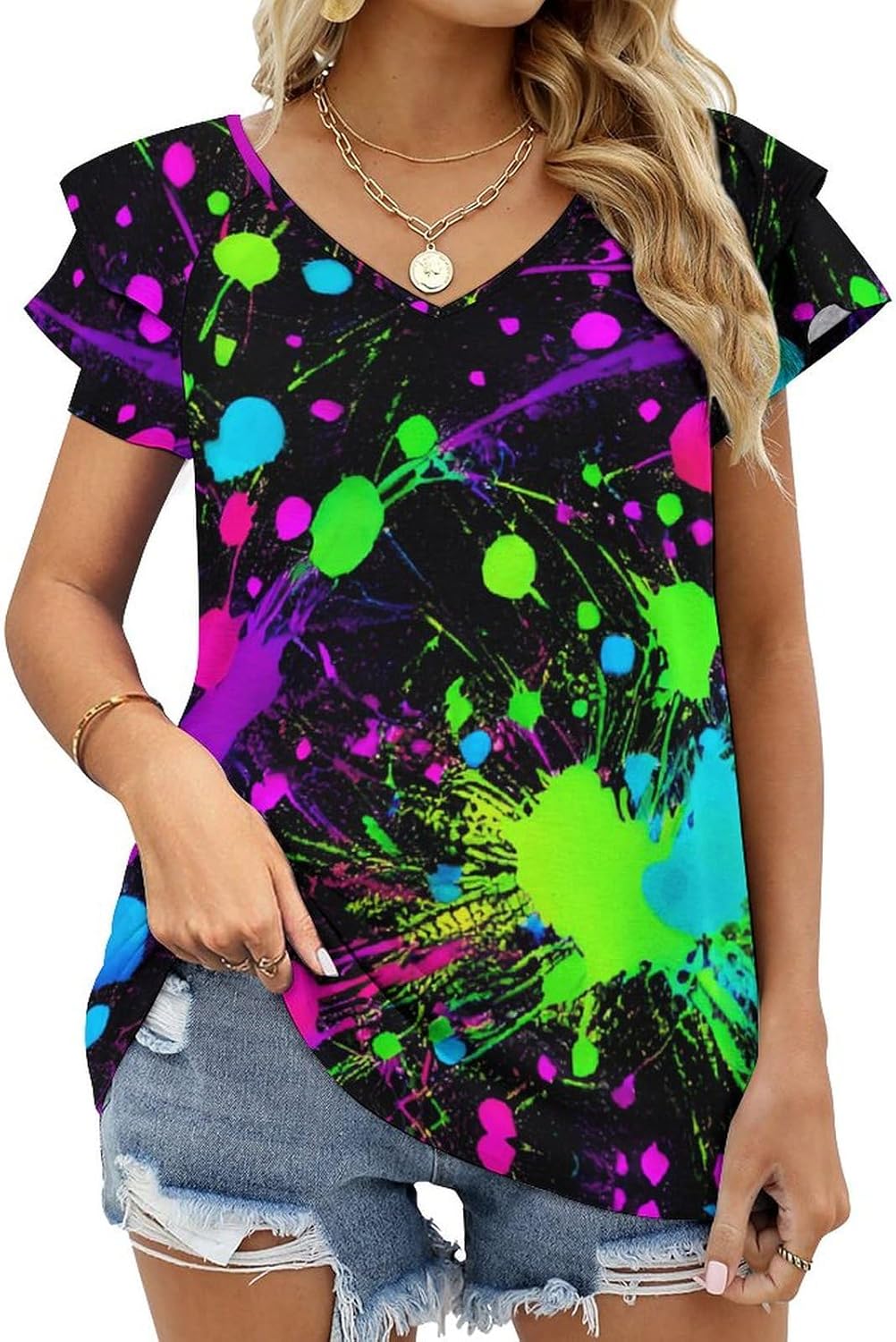 Glow in Dark Splatter Neon Women's Short Sleeve Shirt Tops Loose V-Neck Ruffle Tees Summer Beach Blouses