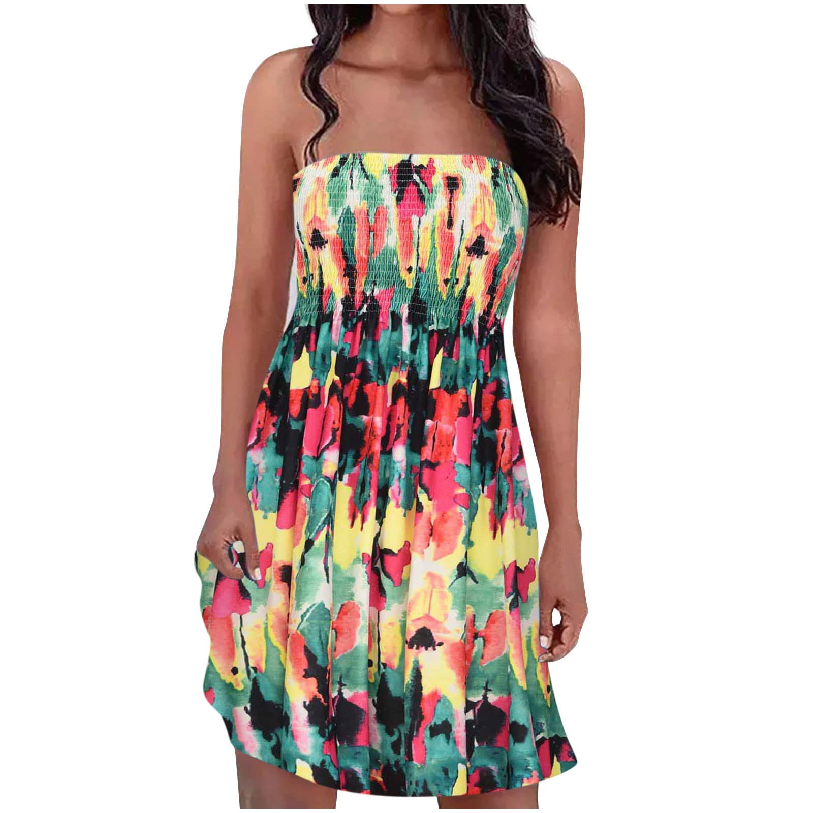 2022 Bandeau Dresses for Women UK Strapless Boho Shirred Tube Top Dress Pleated Sleeveless Party Dress Hawaiian Sundress