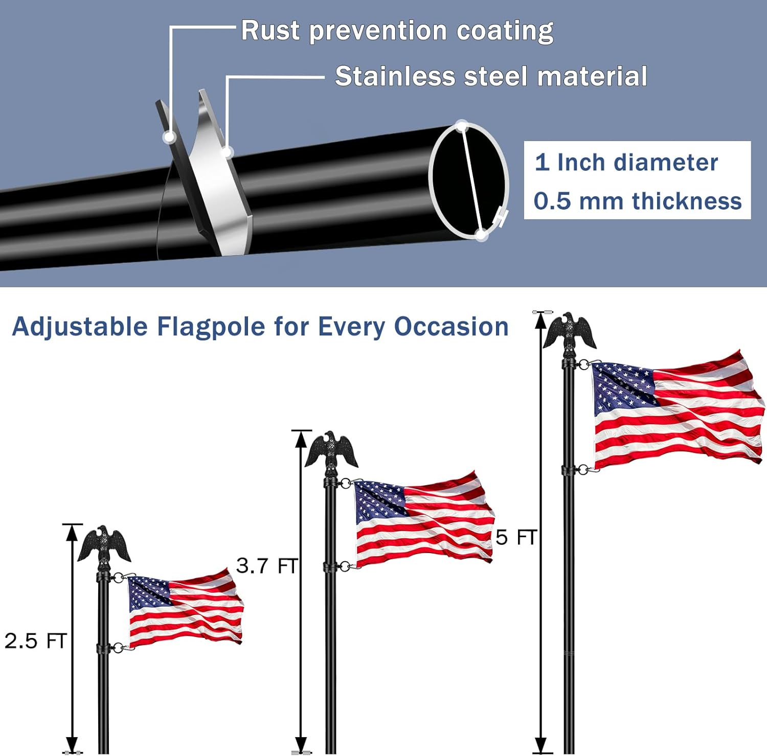 NQ 5 FT Flag Pole for Outside House with Eagle Topper, Stainless Steel Flag Pole with Flag Pole Holder, House Flag Pole Kit for Porch, Outdoor Flag Pole(Black)