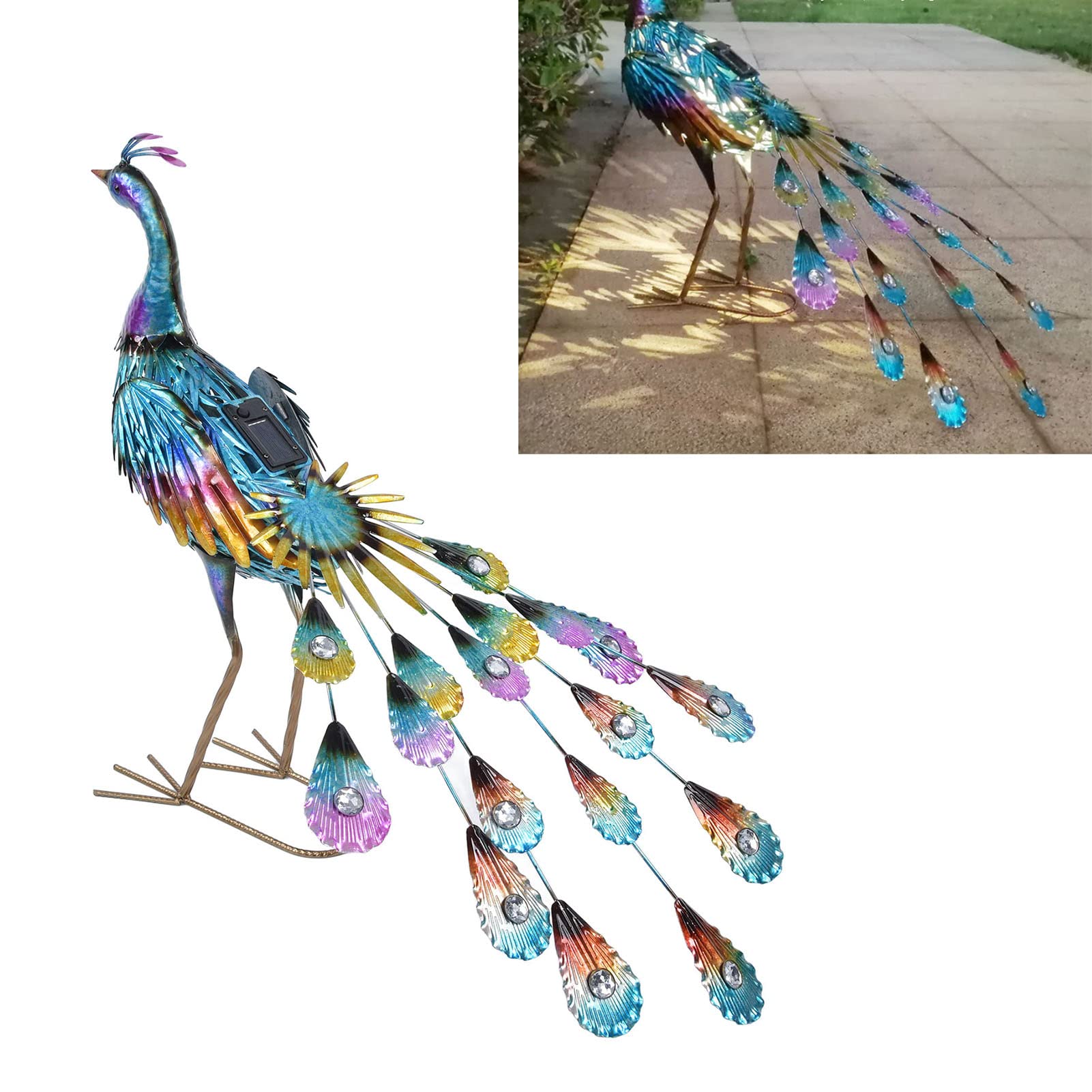Luci Solari da Giardino, Luci Solari a Forma di Pavone in Metallo con Coda Staccabile, Luce Decorativa da Giardino per Esterni, Prato, Cortili (Gran pavo real con luz solar.)