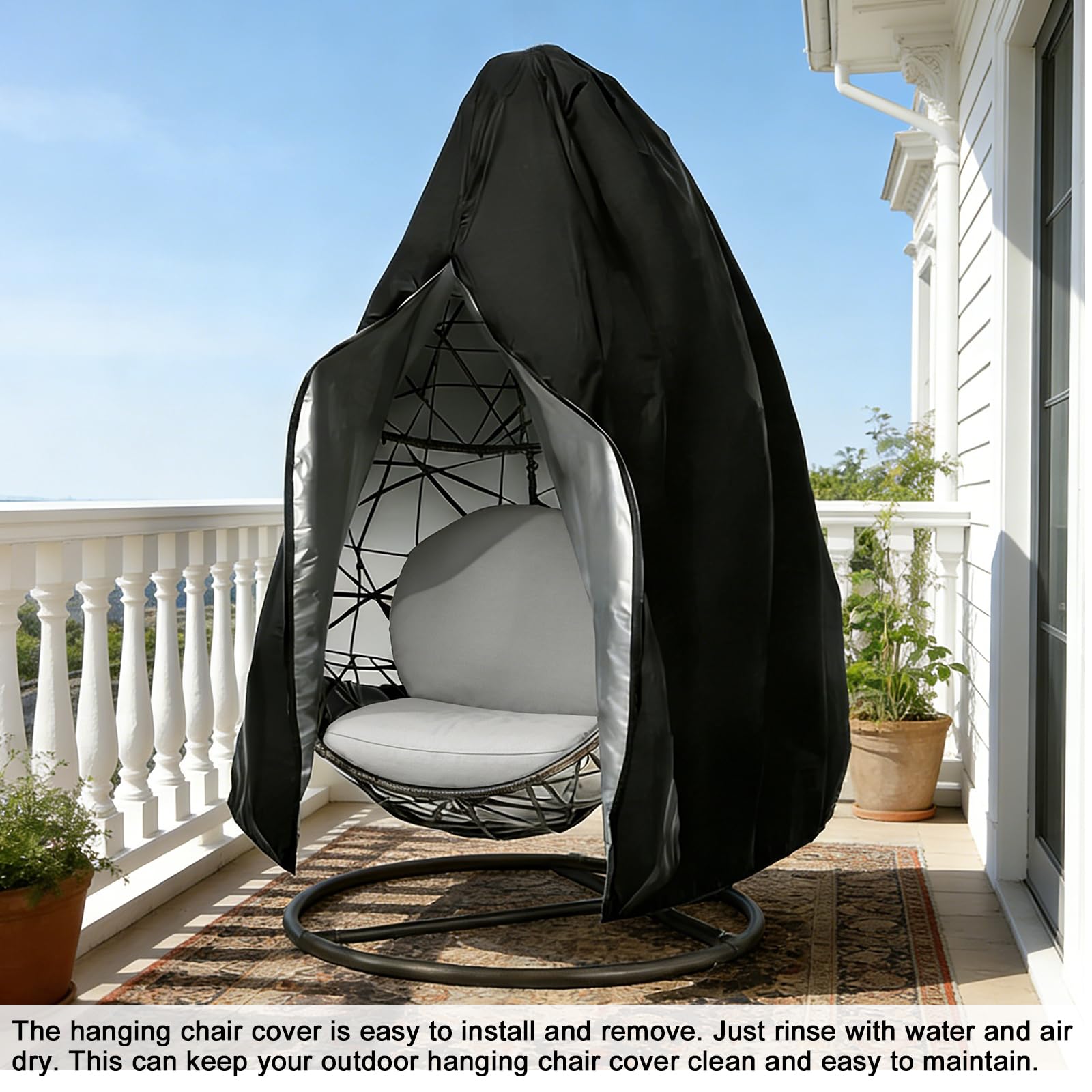 Lot de 2 housses pour fauteuil suspendu : noir/argent housse de protection imperméable, fermeture éclair tissu Oxford 210D, 115 x 190 cm, housse pour fauteuil suspendu extérieur pour jardin et