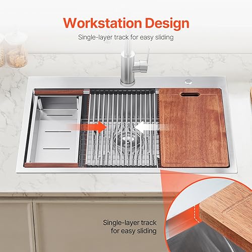 Miniatura 4 de VEVOR Fregadero de cocina de 33 pulgadas, fregadero de acero inoxidable 304 con montaje superior, lavabo de granja de un solo tazón con reborde y