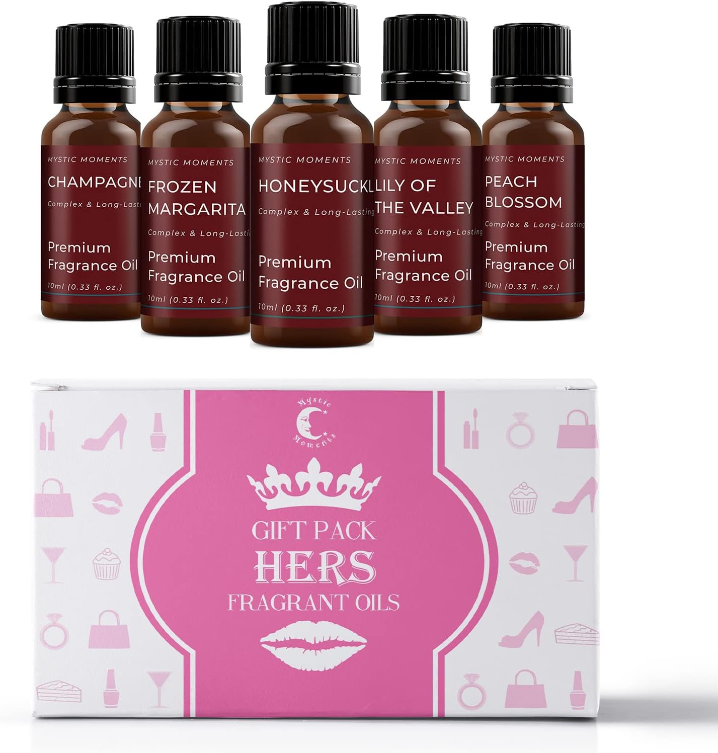 Mystic Moments | Hers Fragrant Oils Gift Starter Pack | 5 x 10ml | Champagne, Frozen Margarita, Honeysuckle, Lily of The Valley, Peach Blossom | Rich Long-Lasting Scents