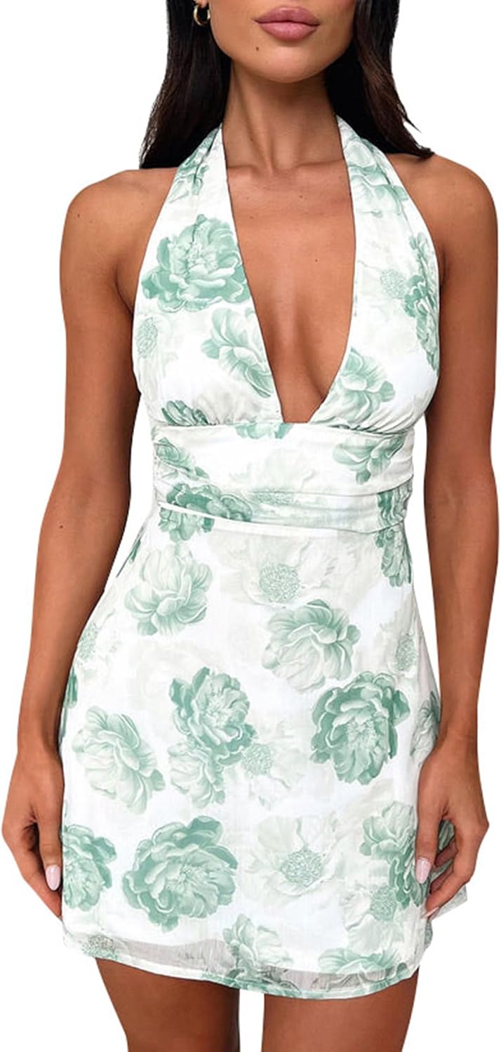 GOKATOSAU Women's Halter Deep V Neck Flowy Chiffon Bow Tie Backless Summer Mini Dress