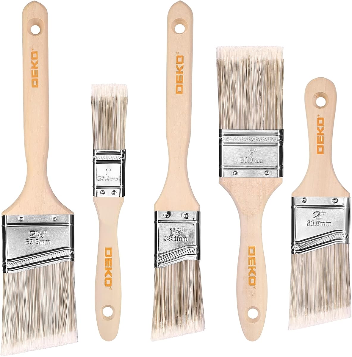 Paint Brushes, 5-Piece Paint Brush Set with Wood Handle, Flat & Angle Paint Brushes for Walls, Trim, Cabinets & Detail Work, Interior & Exterior, Furniture, Latex and Oil Paints, Stains