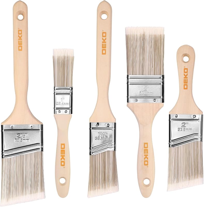 Paint Brushes, 5-Piece Paint Brush Set with Wood Handle, Flat & Angle Paint Brushes for Walls, Trim, Cabinets & Detail Work, Interior & Exterior, Furniture, Latex and Oil Paints, Stains