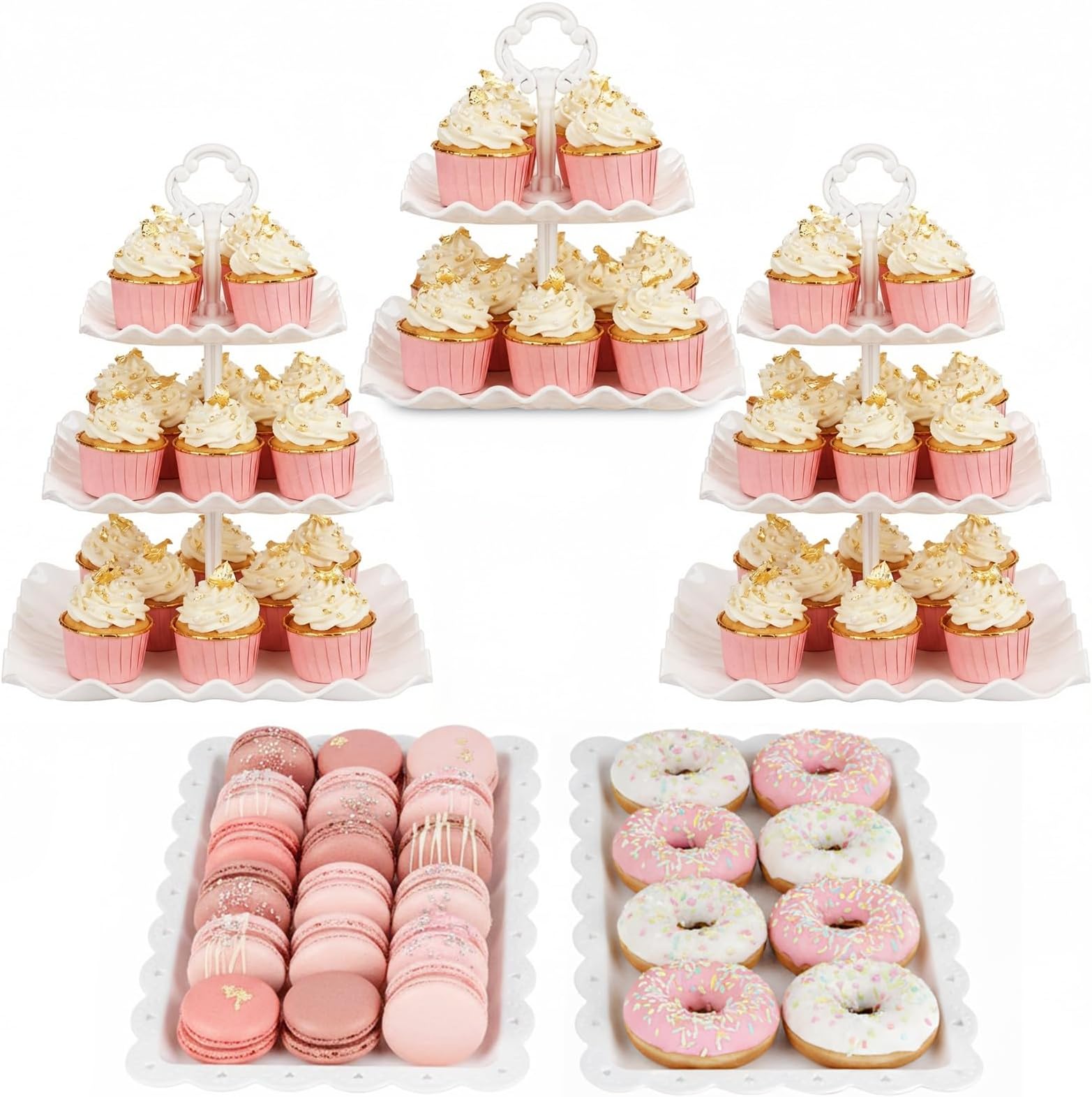 NWK 5 Piece Cake Stand Set with 2x 3-Tier Cupcake Stands + 3X Appetizer Trays Perfect for Wedding Birthday Baby Shower Thanksgiving Christmas New Year Party (Round)