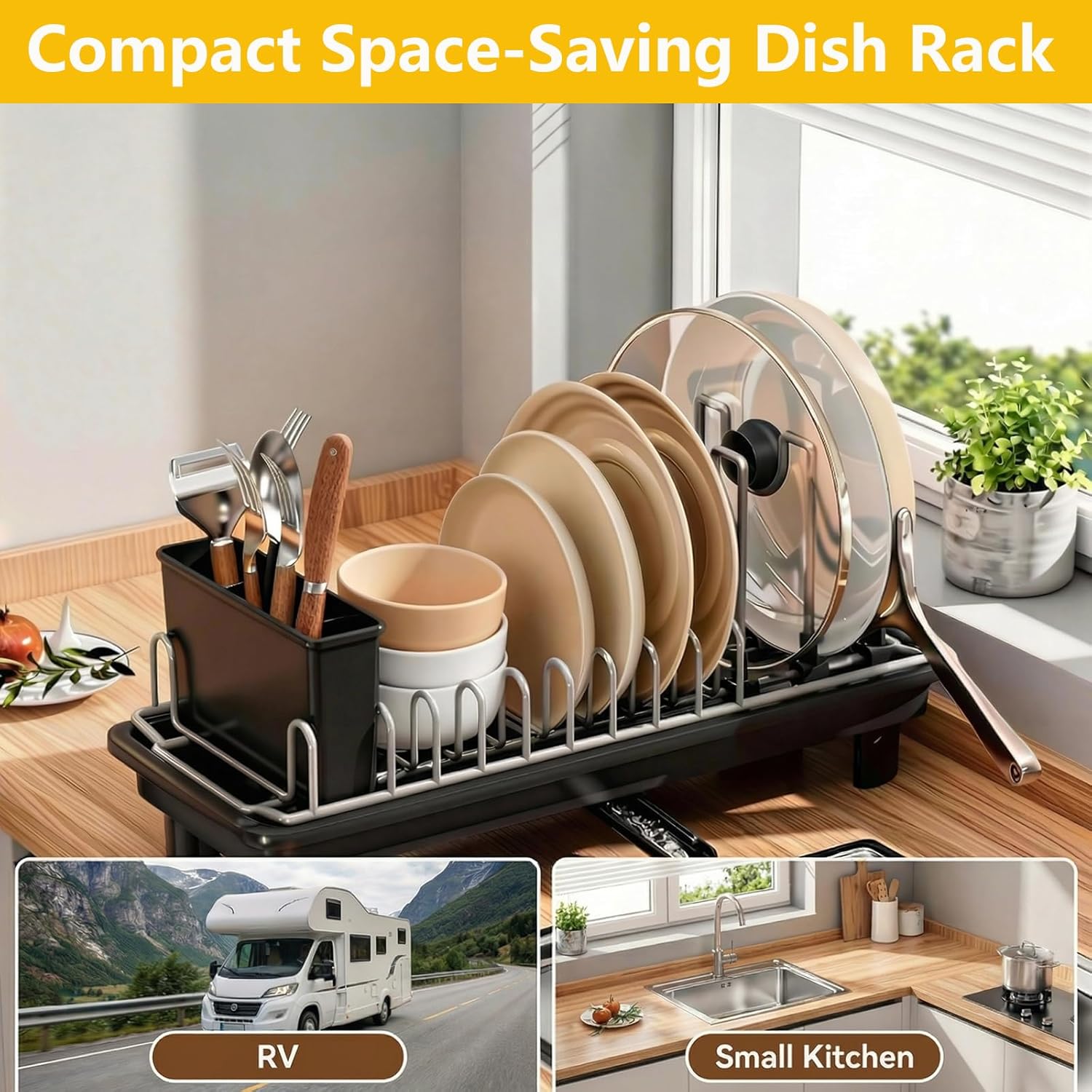 Small Dish Drying Rack,Compact Dish Rack for Kitchen Counter with 360° Rotating Drain Spout and Utensil Holder,Stainless Steel Countertop Dish Drainer for Sink,Space-Saving Design for Small Kitchen