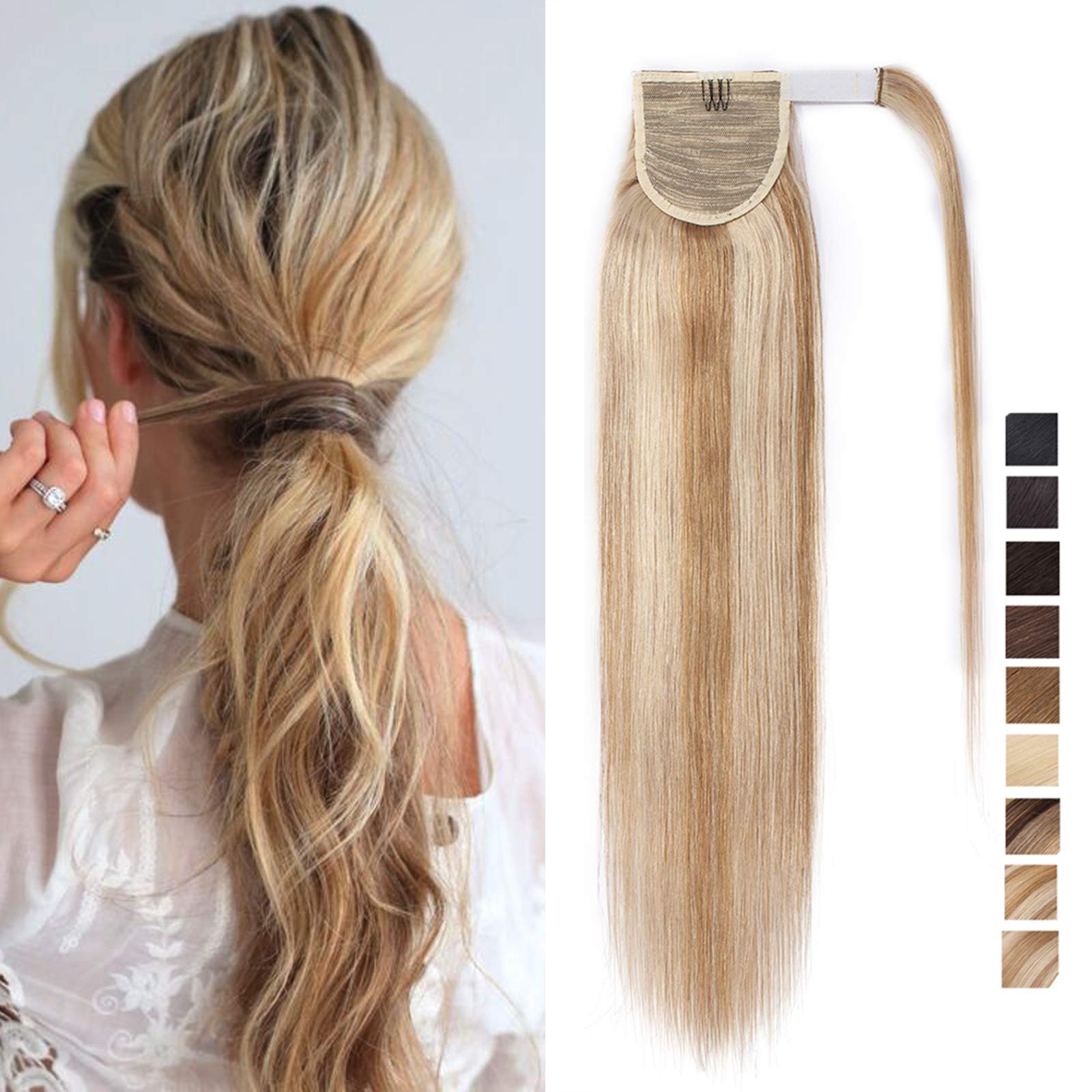 SEGO Coda Capelli Extension Veri Clip Coda di Cavallo Ponytail Extensions Aderire Fascia Unica 100% Remy Human Hair Balayage 35cm-80g # Biondo Cenere mix Biondo Chiarissimo