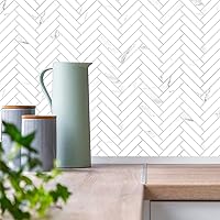 Vista 2 de Vamos Tile Azulejo autoadhesivo Statuario de PVC blanco para despegar y pegar, 10 hojas de azulejos autoadhesivos de PVC blanco para cocina, baño