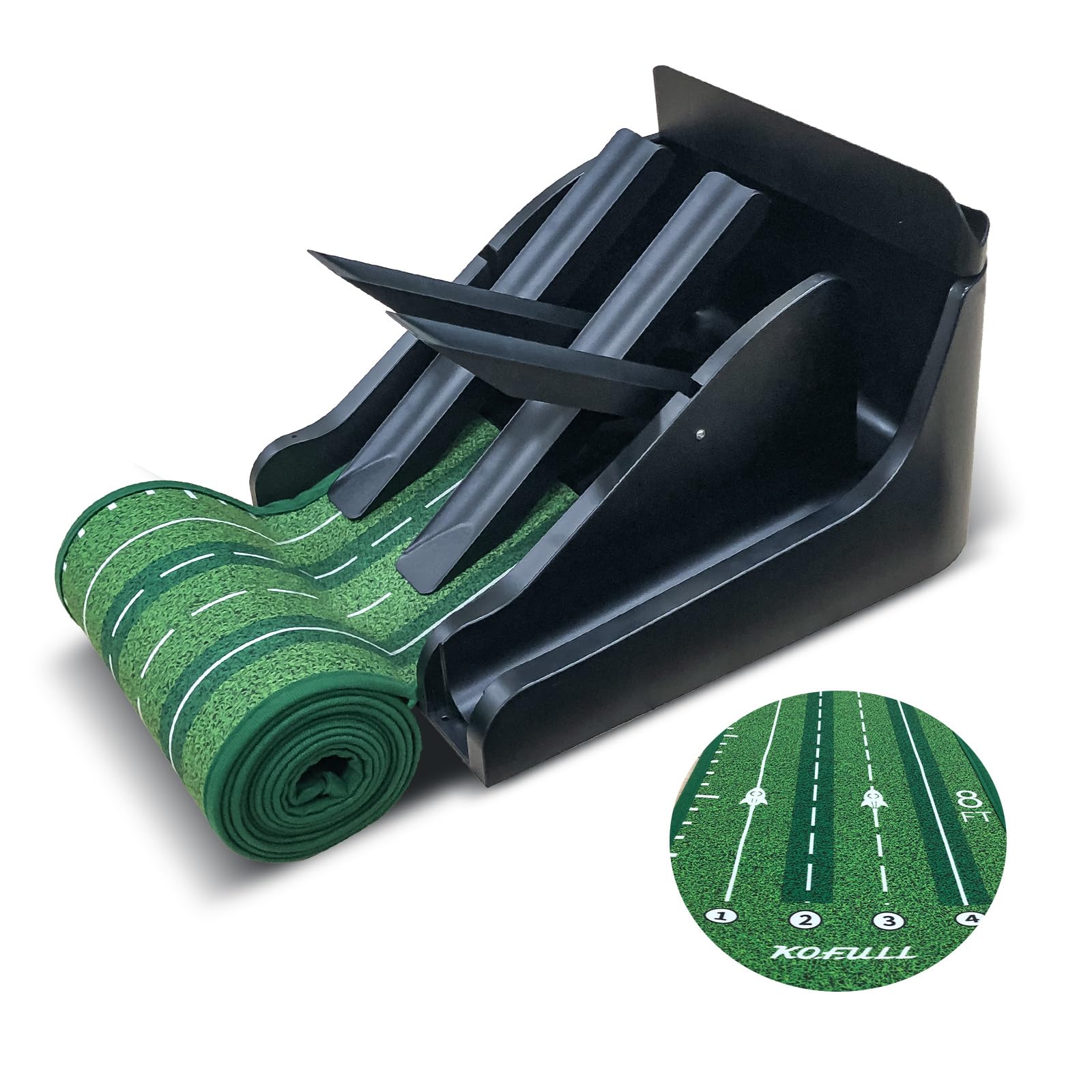 KOFULL Golf Putting Matte mit Ball rücklauf Puttingmatte für den Innenbereich, Pisten-Design, Übungsspiel für Zuhause, Büro, drinnen und draußen