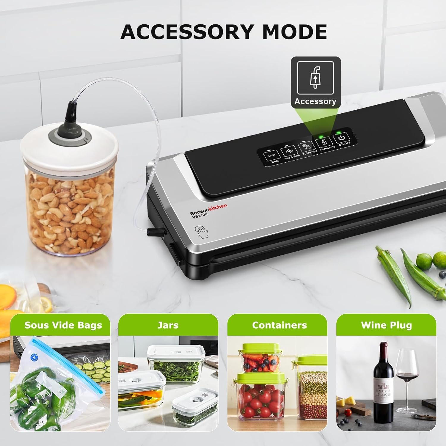 Bonsenkitchen Vacuum Sealer Machine | Compact Food Sealer for Kitchen Storage & Meal Prep | Multiple Modes​​ | External Vacuum System | 5 Bags, Silver​​