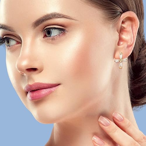 Miniatura 4 de Aretes de aro chapados en oro de 14 quilates con circonita cúbica, tres filas de diamones, flechas, doble fila de diamantes para mujer