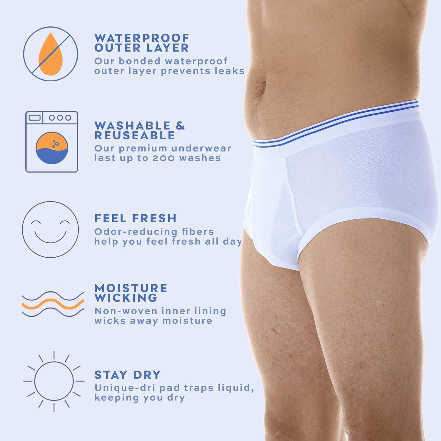 Wearever Incontinence Underwear for Men - Reusable & Washable Men's Bladder Control Briefs with Regular Absorbency - Leak Proof Underwear 150 ml (Pack of 3) (White) (M) - Image 6