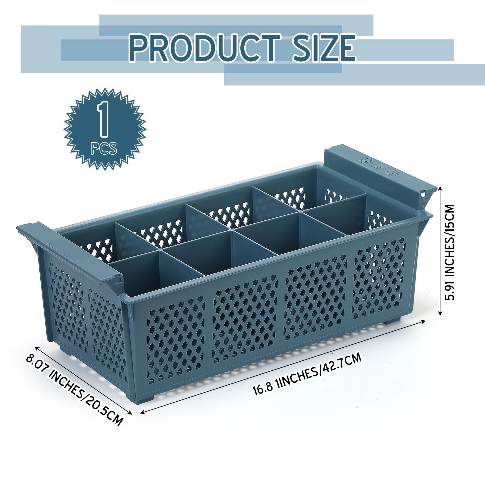 Maxdot Cesta de cubiertos para lavavajillas de 16 pulgadas, 8 compartimentos, cesta de lavado con asa, soporte para utensilios de cocina, estante de secado para cocina comercial (azul)