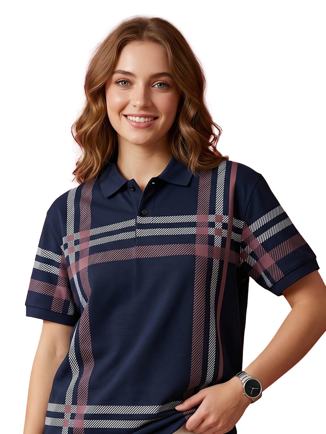 Women Checkered Polo Neck Half Sleeve Tshirt-picture-26