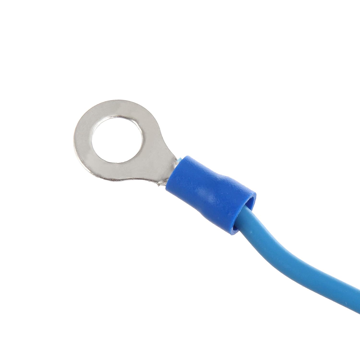 Blue ring terminal crimped onto a blue wire.