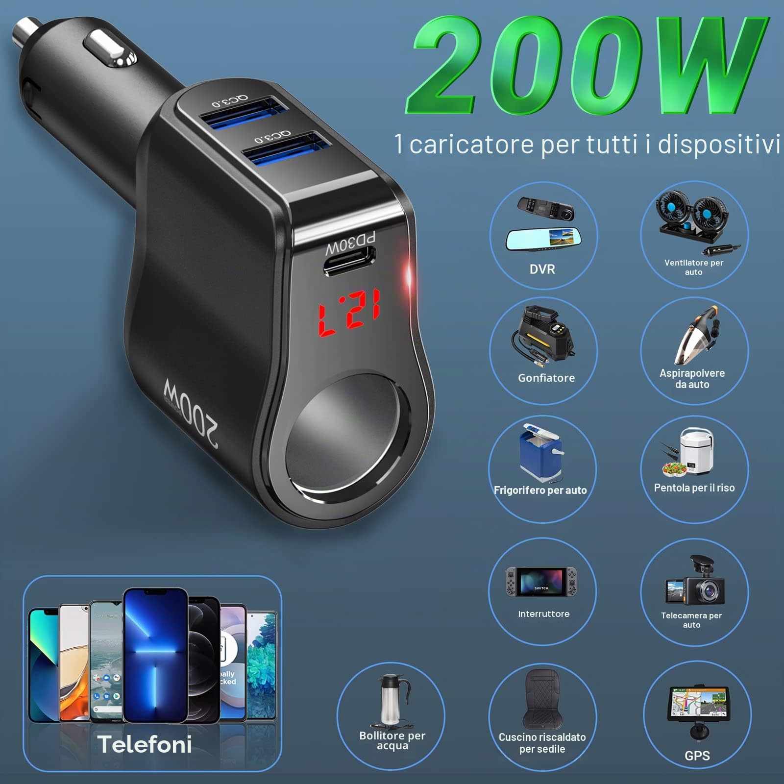 Prese Accendisigari Auto 200W: Qidoe PD 30W e QC3.0 Adattatore Sdoppiatore per Accendisigar Caricabatteria 12V con Voltmeter LED Ricarica Rapida Telefono, Cellulare, Samsung, Dashcam, GPS